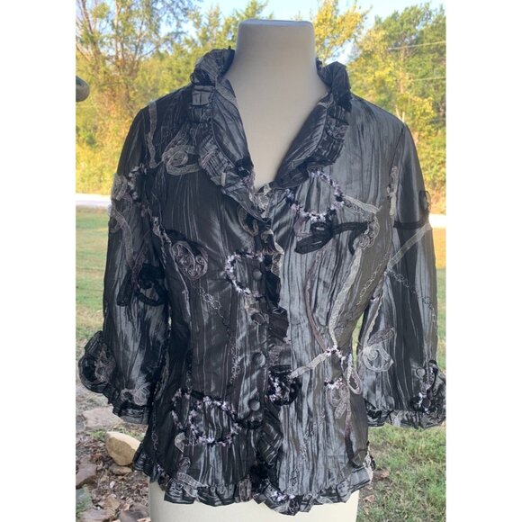 Agora Women's Crinkle Silver Evening Jacket Ribbon, Embroidery Buttons Boho M - Picture 1 of 8